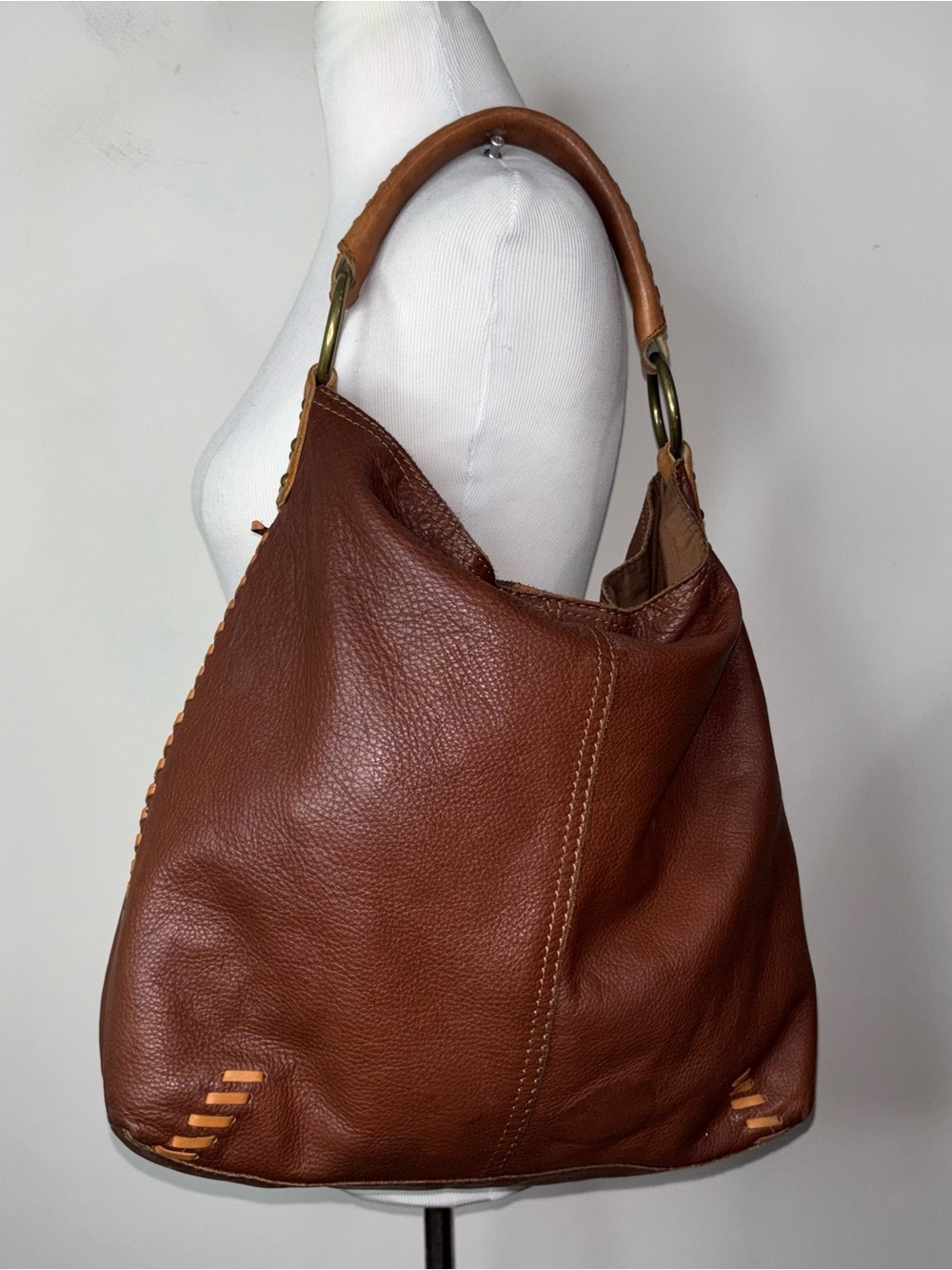 Lucky Brand Brown Leather Whipstitch Hobo Bag "Penny Bag" Slouch